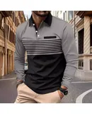 Men's Golf Polo Shirt Long Sleeve Collar Tennis Shirt Color Block Stripe Work T-Shirt