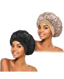 2Pcs Silk Bonnet for Sleeping, Satin Hair Bonnets, Soft Elastic Band Silk Sleep Cap, Silk Hair Wrap for Curly Hair (Black Gold)