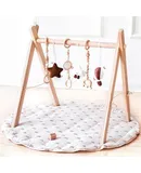 Wooden Baby Play Gym with Mat, Foldable Baby Play Gym Frame Activity Gym Hanging Bar with 6 Gym Baby Toys Rainbow Playmats for Newborn Baby (Natural)