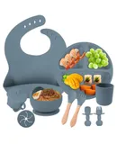 Baby silicone tableware set baby learn to eat auxiliary tableware independent eating suction cup bowl all in one Children's dinner plate BPA-free food-grade silicone-Navy blue ten piece set