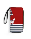 Nautical Red White Stripes And Blue Anchors on Red Background Wallet for Womens PU Leather Zip Around Wallers Clutch Wristlet Travel Long Purse