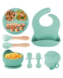 Baby silicone tableware set baby learn to eat auxiliary tableware independent eating suction cup bowl all in one Children's dinner plate BPA-free food-grade silicone-Mint 8-piece set