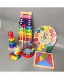 5 Pieces Kids Package 1-3 Years Old Rainbow Tower Set Pillar Kindergarten Baby Educational Early Education Toys Stacking Toys Suitable for Baby Birthday Gifts (Four Sets of Pillars + Shakers + Small Winding Beads + Hand Rattle + Penguin Clock)