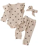 Fullfamous Baby Girl's 3pc Rib Frill Long Sleeve Romper and Pant Set 70cm
