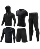 Men Compression Workout Set 5 PCS Dry Quick Shirt Pants Shorts Tights Jacket Clothes for Gym-Black/L