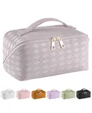 Large Capacity Travel Cosmetic Bag, PU Leather Waterproof Cosmetic Bag, Women Portable Travel Makeup Bag With Handle and Divider Flat Lay Makeup Organizer Bag（New）