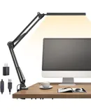 LED Desk Lamp, Swing Arm Desk Light with Clamp, 3 Lighting 10 Brightness Eye-Caring Modes, Reading Desk Lamps for Home Office 360°Spin with USB Adapter & Memory Function white-14W