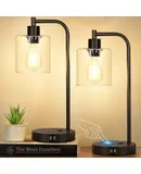 Set of 2 Industrial Touch Control Table Lamps with 2 USB Ports and AC Outlet - 3-Way Dimmable Black Bedside Lamps Nightstand Desk Lamps for Bedroom Living Room, Glass Shade & 2 LED Bulbs Included