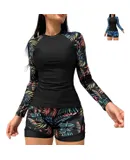 Traje De Baño Sexy De Dos Piezas De Manga Larga Para Mujer Negro