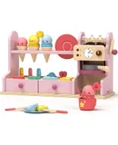 42 PCS Wooden Ice Cream Counter Play Set Toy Wooden Toy 3 in 1 Coffee Dessert Maker Toy Playet,Pretend Play Food Kitchen