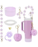 Accessories for Stanley Cup Set Including Water Bottle Handle Strap, Siliocne Stanley Cup Boot, Siliocne Straw Cover, Stanley Charms for Stanley Cup 40oz & 30oz Tumbler--Purple