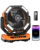 40000mAh Rechargeable Fan, Battery Operated Oscillating Outdoor Fan, Battery Powered Table Fan for Home Hurricane Jobsite Garage, Portable Tent Fan with Remote Light Hook for Camping Trip RV,Orange