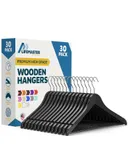 Wooden Hanger Set - 30 Pieces Non-Slip Versatile Closet Space-Saving Hanger Set for Suit, Coat, Camisole, Jacket, Pants, and Dresses with 360° Swivel Hook - Black