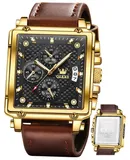 OLEVS Square Watches for Men， Leather Chronograph Fashion Business Watch Luminous Waterproof Casual Wrist Watches-Style B