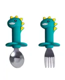 Baby Fork and Spoon Set Baby Training Kit Self-Eating Toddler Silverware Silicone and Stainless Steel Cutlery for Kids and Toddlers (Dark Green Dinosaur - Short)