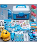 Children's doctor toy set tool medical box, blue 47-piece storage box set sound and light stethoscope + oxygen bottle + dental filling dog