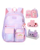 Rainbow Backpack For Girls Kids,Cute Student School Backpack With Pen Bag,Aesthetic Starry Rainbow Laptop Travel Bag-Purple(Large)