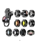 APEXEL APL-DG11 Universal Professional HD Phone Camera Lens Kit 11in1 Micro Lens 140° Wide Angle Lens 205° Fisheye Lens Kaleidoscope Lens Grad Color & Full Color Filters ND32 CPL Star Filters Compatible with iPhone 11/XR/XS Samsung and Other Smartphones