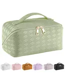 Large Capacity Travel Cosmetic Bag, PU Leather Waterproof Cosmetic Bag, Women Portable Travel Makeup Bag With Handle and Divider Flat Lay Makeup Organizer Bag（New）