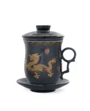 Chinese Dragon Pattern Tea-Mug with Strainer Infuser and Lid and Saucer Ceramic Tea Mug Convenient Porcelain Personal Tea Cup-black gold Dotosaurus