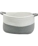 Cotton Rope Dog Toy Basket with Handle Puppy Toys Storage Bin Small Woven Rectangle Diapers Pet Kitty Bed Perfect for Carry Pet Chew Toys Blankets Leashes Doggie Stuff White and Grey(S)