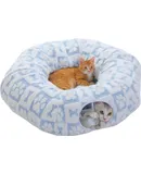 Cat Tunnel with Cat Bed for Indoor Cats, Cat Play Donut Tunnel with Washable Soft Plush Mat, Round Cat Tunnel Toys Cute Cat Tube for Kittens, Puppies, Rabbits and Ferrets, Blue
