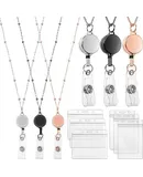 Retractable Badge Reel Lanyard with ID Holder, 3 Pieces Beaded Badge Lanyard Necklace with 6 Waterproof Name Card Holder Stainless Steel ID Holder Necklace for Women Men (Rose Gold, Black, Silver)