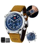 FILIEKEU Quartz Watch For Man MF0463 Casual Watch Waterproof Men Watch Calendar Chronograph Waterproof Sport Analog Quartz Watches Blue Dial Brown Leather Strap Fashion Wristwatch for Men