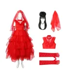 Lydia Deetz Costume for Girl Beetle of Juice Lydia Dress with Black Wig Red Veil Lace Gloves Costume Set-2XL-150cm