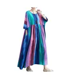 Women Cotton Linen Dress Floral Print Pockets Mid-Calf Loose O-Neck Short Sleeves Plus Size Casual
