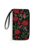 Roses Buds Leaves Black Wallet for Womens PU Leather Zip Around Wallers Clutch Wristlet Travel Long Purse
