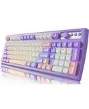 EWEADN V97 Cute Creamy Keyboard, Bluetooth/2.4GHz Gaming Keyboard Wireless with RGB Backlit, Media Knob, Curved Body, Rechargeable Quiet Computer Keyboard for MAC Xbox PC Gamer-Purple & White & Pink（Free wireless mouse）