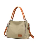 Canvas women's bag Shoulder bag with leather straddle backpack Large capacity commuter Tote Tote bag-khaki