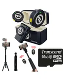 Hollyland LARK M2 DUO 2-Person Wireless Camera-Mount Microphone System - Universal Compatible (2.4 GHz, Shine Charcoal) + Vivitar 13 Inch Foldable Pocket Tripod with Wireless Remote and Smart Phone Bracket + 16GB Transcend MicroSD Card with Adapter