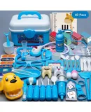 Children's doctor toy set tool medical box, blue 60-piece storage box set sound and light stethoscope + eye chart + tooth filling dog