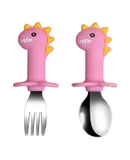Baby Forks and Spoons Set Baby Training Utensils Self Feeding Toddler Silverware Silicone and Stainless Steel Kids and Toddler Utensil (Pink Dinosaur - Short)