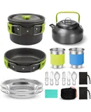 Odoland 15pcs Camping Cookware Mess Kit, Non-Stick Lightweight Pot Pan Kettle Set with Stainless Steel Cups Plates Forks Knives Spoons for Camping, Backpacking, Outdoor Cooking and Picnic，Green
