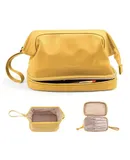 Folding double-layer cosmetic bag, portable large-capacity multi-functional storage bag PU waterproof toiletry travel bag-yellow
