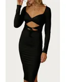 Endless Blu. Solid Rib Cross Front Midi Dress In Black