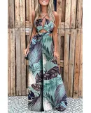Tropical Print Cutout Halter Wide Leg Jumpsuit Femme Elegant Halter Sleeveless Pants Office Lady Casual Overalls