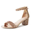 J. Adams Daisy Heeled Sandals For Women - Ankle Strap Low Block, Open Toe Dress Pumps, Chunky Heels For Women Champagne Glitter 6.5
