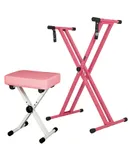 Keyboard Stand Double X Style Adjustable Piano Riser + Keyboard Piano Bench - BABY PINK