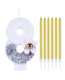 Number 8 Birthday Candle & 6 Count Gold Long Thin Metallic Birthday Candles Set for Party Supplies, Party Cake Candles Birthday Parties Wedding Decorations