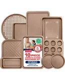 BAKKEN 10-Piece Kitchen Baking Pan Set - Commercial Grade Carbon Steel Bakeware, With Nonstick Coating, Stackable and Space-saving Design, PFOA, PFOS, PTFE Free, Oven Safe Tray (Up To 450°F), Brown