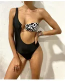 Bikini,Sexy One Shoulder Women's Swimwear,Black Plus Leopard Print Hollow Out High Waisted Bikini,Thong One Piece Swimsuit Halter Triangle Bikini