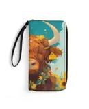 Highland Cow with Sunflowers Wallet for Womens PU Leather Zip Around Wallers Clutch Wristlet Travel Long Purse