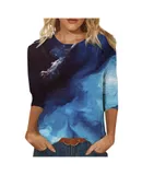 Blouse with Elasticated Summer Floral Pattern Three Quarter Sleeve Crew Neck T Shirt