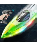 RC Boat, Speed 15KM/H High Speed RC Boat with LED Light, 2.4Ghz RC Boat Suitable for Swimming Pools and Lakes, Low Battery Alarm, Capsize Reset