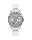 Reloj Guess Mujer | Coleccion Lady Frontier | Modelo GW0045L1 | Caja Redonda | Ø 40mm Acero inoxidable | Cierre Hebilla | Movimiento Cuarzo | Dial Plateado | Cristal Mineral | Correa Silicona Blanco | 30m / 3 ATM | Línea Lujo