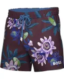 Hugo Boss Men Standard Piranha Eggplant Floral Drawstrings Swim Short Trunks